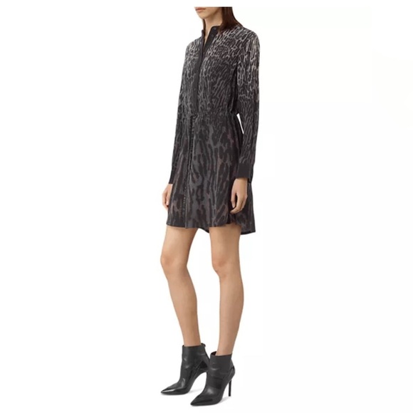 AllSaints Sanko Sinai Dress US 10 Silk Mini Leopard Print Sheer Shirt Dress - Picture 1 of 8